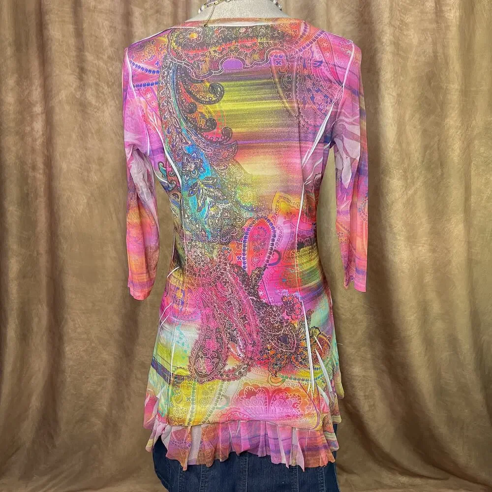 Vintage Y2K Boho Top Rhinestone Mesh Paisley Floral 3/4 Sleeve Ruffled Rainbow - Picture 3 of 10